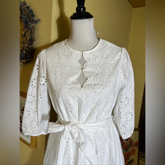 J CREW Size Small White Eyelet Dress Tie Waist Scalloped Edges Ethereal $148 NWT - Picture 6 of 16